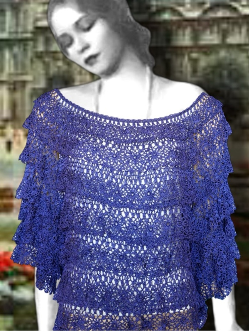 Anna Konya Limited Edition Ruffled Lace Sheer Crochet Peasant Top Dark Blue VNTG